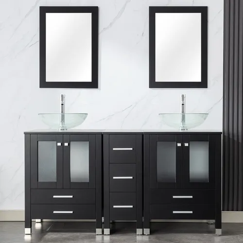 Vista 9 de LUCKWIND 60" Double 24" Bathroom Vanity with Sink Combo, Elegant Series with One 12.6-in Side Cabinet, Painted Frame, Including Tempered Glass Round