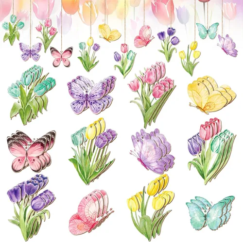 Vista 7 de Wenqik 36 adornos de primavera para árbol, flor de primavera, tulipán, decoraciones de bosque, decoraciones de árbol de Pascua, letrero colgante
