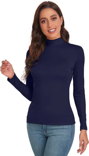 Vista 4 de ACIEMR Camisetas de manga larga con cuello alto falso para mujer, ajustadas, básicas, para mujer