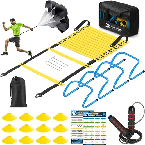 Vista 12 de X-UMEUS Agility Ladder Speed Training Equipment Set-20ft Agility Ladder,12 Soccer Cones,4 Hurdles, Jump Rope, Running Parachute Basketball Football