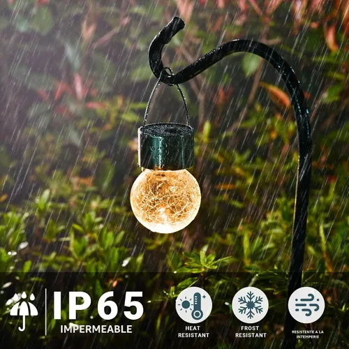 Vista 4 de Solpex Luces solares colgantes al aire libre, paquete de 8 luces decorativas de bola de vidrio agrietado, iluminación solar impermeable, luces