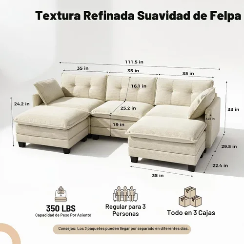 Vista 2 de Amsleekey Sofá Seccional Modular, 111.5" en Forma de U de Pana Cómodo Sofás Seccionales para Sala de Estar, Sofás Nube de 3 Plazas con 2 Otomanas