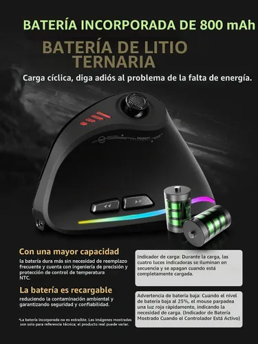 Vista 10 de TKMARS Ratón vertical ergonómico inalámbrico para juegos con joystick, Bluetooth y 2.4G, 12 botones programables, 24000 DPI ajustable, mouse RGB