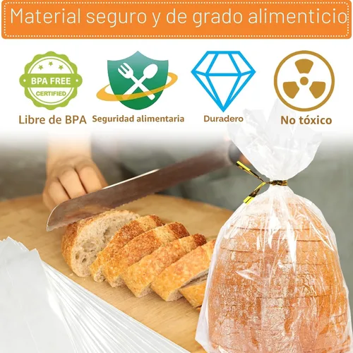 Vista 3 de Bolsas de pan con lazos, 100 bolsas de pan transparentes para pan casero y 100 lazos, bolsas de pan ajustables reutilizables de plástico, bolsas