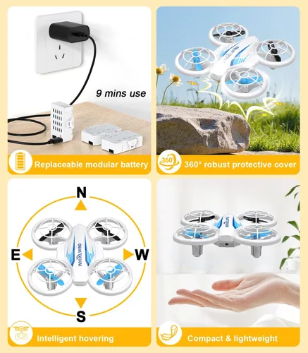 Vista 6 de Mini dron para niños y principiantes: juguete volador para niños con giros de 360°, luces LED, 3 baterías, tiempo de vuelo de 27 minutos, dron