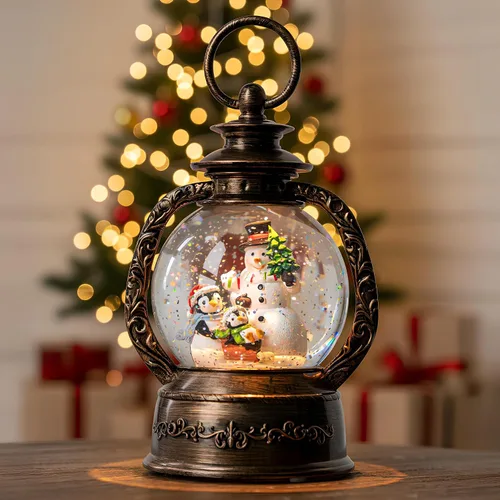 Vista 17 de Globo de nieve navideño con agua brillante, escena de cardenal con música y temporizador, linterna iluminada con USB/operada por batería