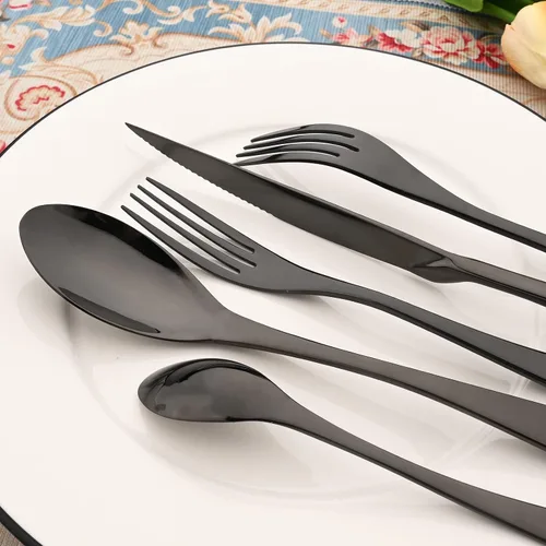 Vista 3 de Juego de cubiertos de acero inoxidable 304 de 20 piezas con cuchara de cuchillo para carne, color negro espejo, servicio para 4