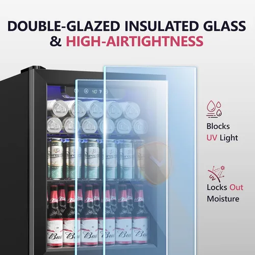 Vista 5 de Icyglee Refrigerador de bebidas, mini refrigerador para 16 botellas y 68 latas con puerta de vidrio, refrigerador independiente de bebidas para vino