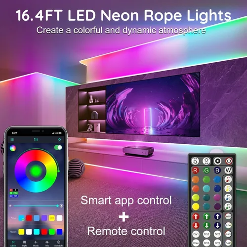 Vista 5 de RCUICA Luces de Cuerda de Neón de 32.8 Pies, Luces de Cuerda LED Flexibles con Control por App/Control Remoto, Múltiples Modos de Sincronización