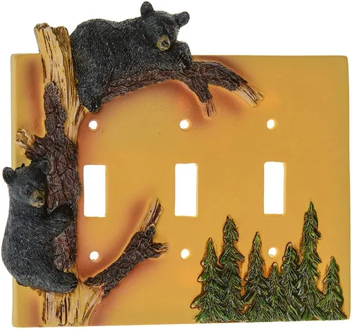 Vista 2 de Black Bear - Cubierta de triple interruptor para decoración del hogar, árbol de escalada de oso de vida silvestre, caza rústica con tornillos