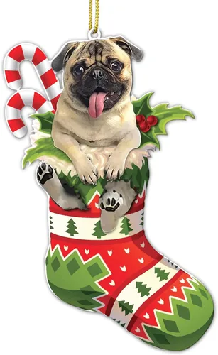 Vista 7 de Adorno acrílico plano de Navidad para perro de montaña bernés, adorable cachorro de montaña bernés en calcetín con bastones de caramelo, decoración
