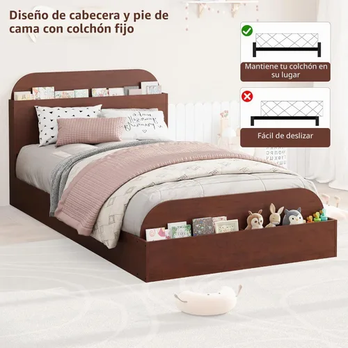 Vista 4 de Estructura de cama Garvee tamaño individual con cabecero y estribo – Cama de plataforma baja para niños, diseño de piso doble de madera, sin ruido