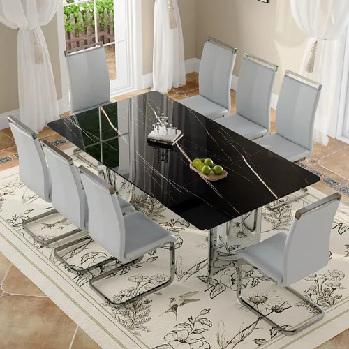 Vista 19 de Juego de mesa de comedor moderno para mesa de comedor de cristal de 6, 7 piezas, mesa de mármol sintético de 71 pulgadas con base de acero