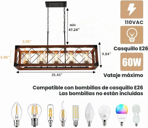 Vista 4 de WJShome Candelabro de granja de 35 pulgadas, iluminación de isla de cocina de 5 luces, lámpara rectangular moderna para comedor, candelabros