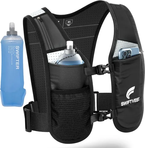 Vista 4 de Chaleco SWIFTVEST con Soporte para Teléfono para Correr con Botella de Agua de 500ml/17oz Chaleco de Hidratación Reflectante Ajustable Ligero
