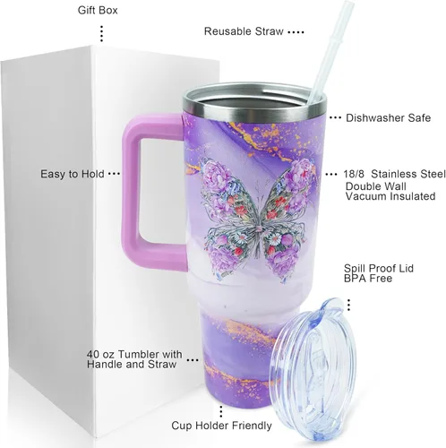Vista 2 de Vaso de 40 onzas con asa y tapa con pajita a prueba de fugas Regalos inspiradores de cumpleaños del Día de la Madre para mujeres, hombres