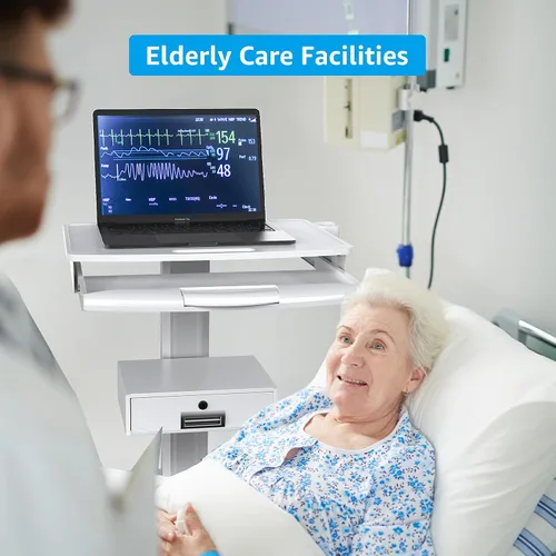 Vista 9 de Carrito médico con bandeja para laptop y soporte para escáner oral, estación de trabajo móvil sobre ruedas con cajón para hospitales, clínicas