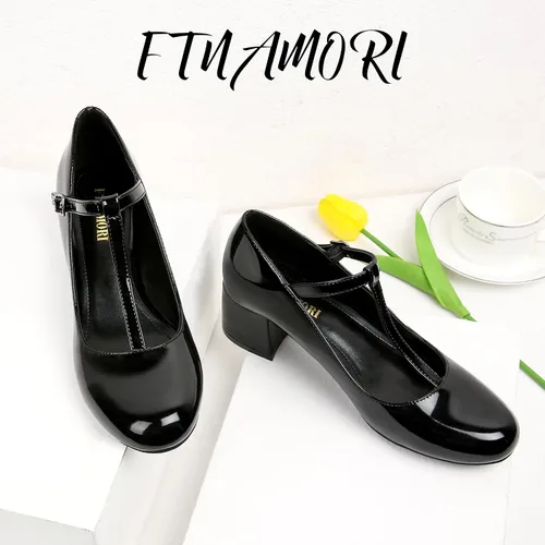 Vista 2 de FTNAMORI Mary Jane - Zapatos de tacón bajo y grueso para mujer, puntera redonda cerrada, correa en T, correa en el tobillo, zapatos de trabajo