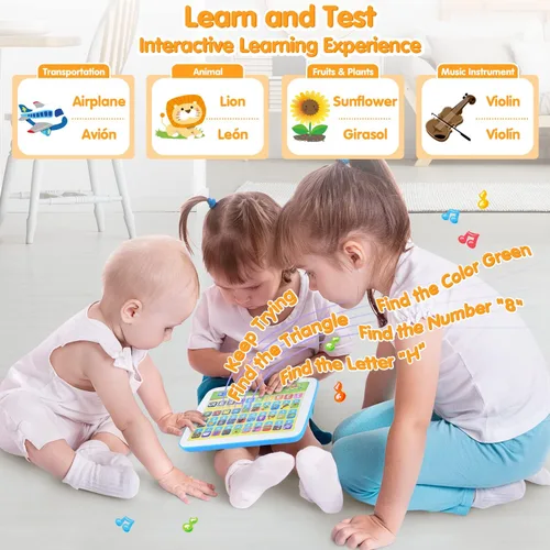 Vista 5 de PLAY Juguetes bilingües de aprendizaje de español e inglés para niños pequeños de 1 a 3 años, tableta de aprendizaje interactiva para niños