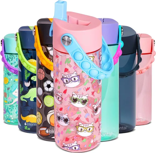Vista 57 de Elemental Botellas de agua para niños – Botella de agua para niños Splash para la escuela con mango Pop-it – Botella de agua de plástico Tritan sin
