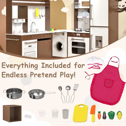 Vista 8 de Juego de cocina grande de esquina de madera, juego de cocina para niños con máquina de hielo, sonido y luz realistas, fregadero de juguetes con agua