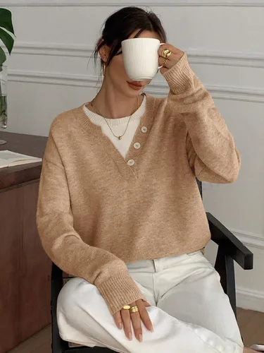 Vista 3 de SOLY HUX Suéteres Pullover para Mujer de Manga Larga con Botones Cuello Redondo 2 en 1 Tops de Punto Holgados Albaricoque y Beige