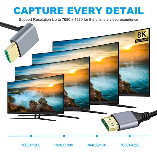 Vista 6 de xiwai 8K HDMI 2.1 Cable HDTV ultra fino 1.6 ft 4K Hyper Super Flexible Cable delgado en ángulo de 90 grados Tipo-A macho a macho para computadora