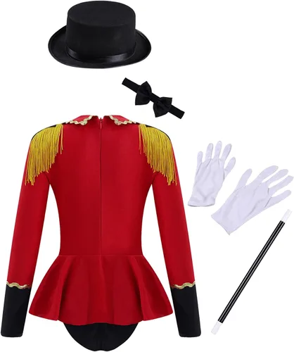 Vista 2 de Kids Girls Circus Ringmaster Costume Christmas Santa Dance Dress Long Sleeves Tassel Leotard Bodysuit Fancy Dress Up