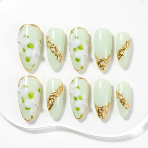 Vista 9 de Sun&Beam Nails Dije hecho a mano de almendra media larga con diseño de diamante de color nude, lindas puntas de uñas postizas, 10 unidades (#99 S)