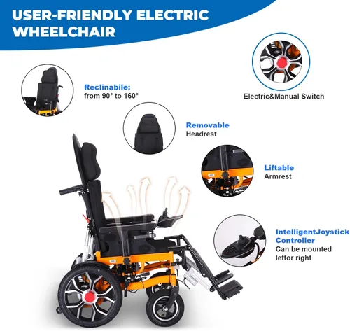 Vista 8 de Sillas de ruedas eléctricas ligeras para adultos, silla de ruedas eléctrica plegable reclinable, silla de ruedas eléctrica todo terreno con respaldo