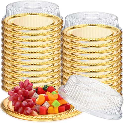 Vista 9 de Nitial 12 Piezas Bandejas de Servicio Resistentes con Tapa Transparente, Bandejas Redondas Elegantes Doradas para Catering Desechables Platos