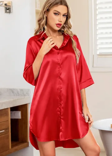 Vista 2 de Samring Camisones de seda para mujer, manga 34, con botones, camisola de satén para dormir