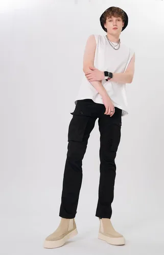 Vista 9 de Plaid&Plain Pantalones cargo ajustados con rodillas articuladas para hombre