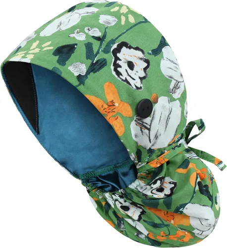 Vista 32 de Gorra médica con forro de satén con bolsillo para cola de caballo, gorro de enfermera médica de algodón con banda elástica para el sudor