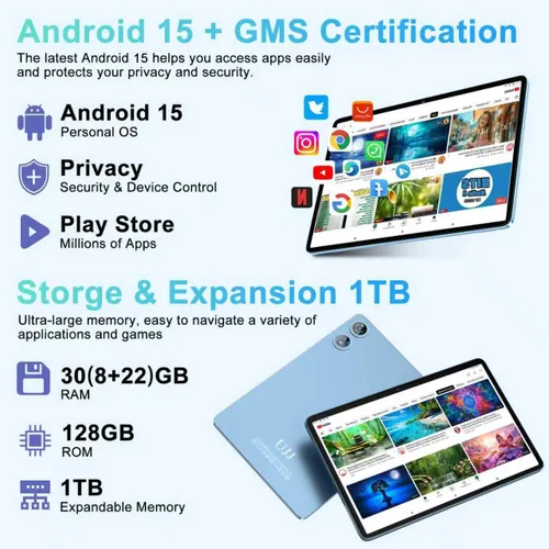 Vista 3 de Tableta de 10 pulgadas Android 15 con 30 GB de RAM 128 GB de ROM 1 TB de expansión, 8000 mAh Octa-Core con teclado y ratón, pantalla HD IPS, Gemini