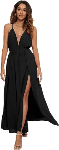 Vista 2 de CMZ2005 Vestido largo sin mangas para mujer sin espalda con tirantes cruzados cuello en V profundo sexy doble abertura alta vestido de fiesta