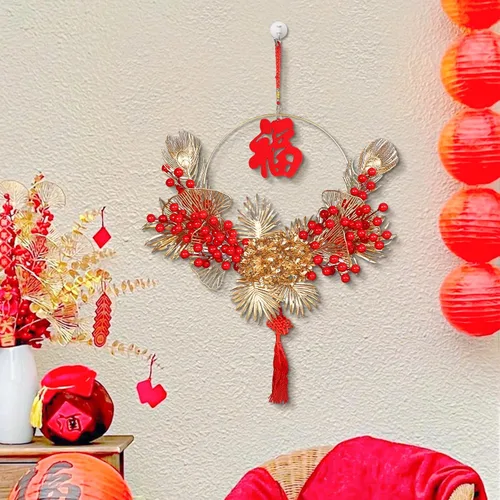 Vista 6 de Menolana Corona de puerta de año nuevo chino Fu personaje Festival de primavera colgante adorno colgante decoraciones de puerta, rojo, 15.7 in