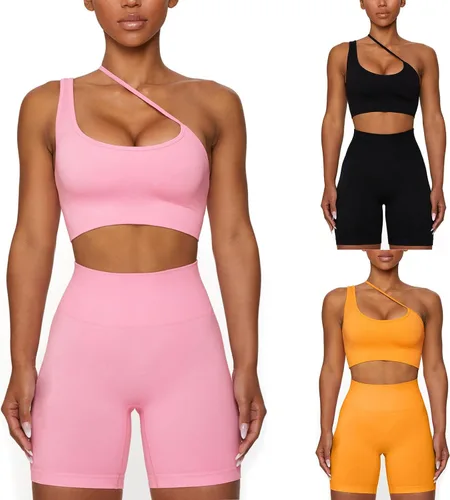 Vista 2 de Conjuntos de entrenamiento para mujer, sexy, de un hombro, con tirantes, brasier deportivo con pantalones cortos de cintura alta, leggings, trajes