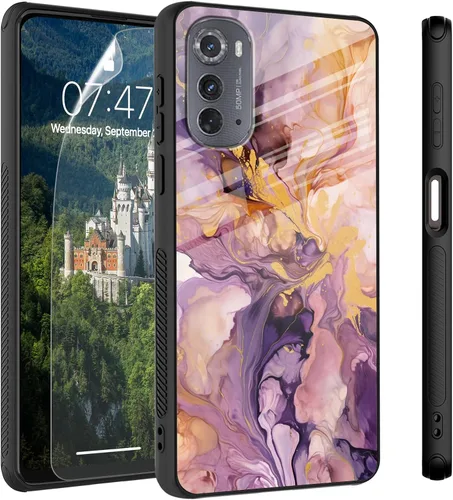 Vista 45 de Funda para Motorola Moto Edge 2022, cubierta trasera de vidrio templado con protector de pantalla, protección a prueba de golpes para Motorola Moto