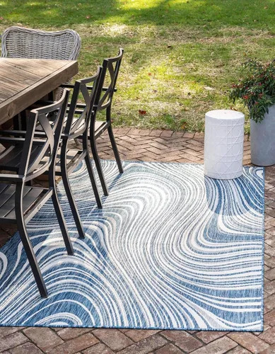 Vista 14 de Unique Loom colección moderna para exteriores - Alfombra de área para piscina (2 pies x 6 pies 1 pulgada alfombra de pasillo, color azul/marfil)