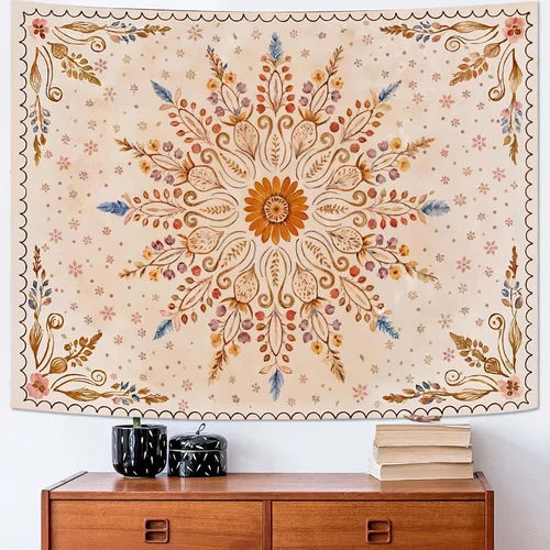 Vista 34 de Fowocu Tapiz bohemio con mandala floral para colgar en la pared, medallón de flores bohemias, tapiz estético, beige, naranja, hippie, indio, pequeño