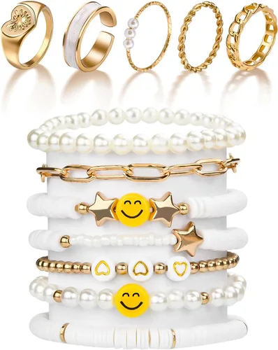 Vista 29 de Preppy Heishi - Juego de pulseras de surfista para niñas adolescentes, bonitos aretes estéticos, anillos estéticos preppy coloridos de oro blanco
