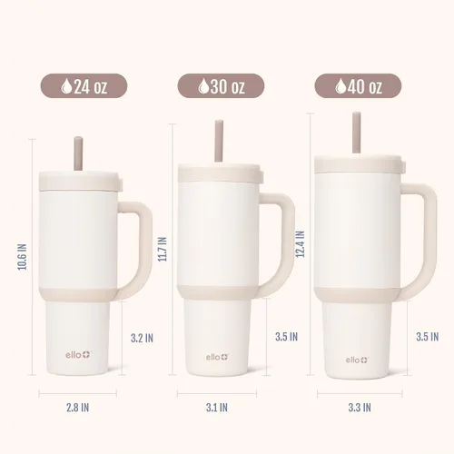 Vista 8 de Ello Oasis Vaso de 24 oz con asa y popote retráctil Taza reutilizable de acero inoxidable aislada 100% a prueba de fugas, regalos