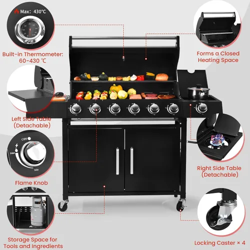 Vista 7 de Parrilla de gas con 6 quemadores y quemador lateral con 403 pulgadas cuadradas, parrilla de gas de propano para exteriores con 60,000 BTU, con tapa