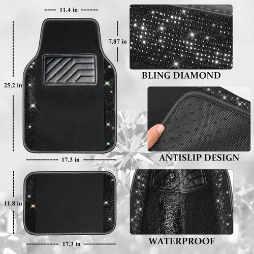Vista 5 de CAR PASS - Funda de volante de cuero con diamantes brillantes, tapetes de piso de 36.8 cm a 38.1 cm con diamantes de imitación brillantes, alfombra