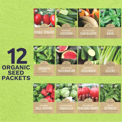 Vista 2 de Paquete variado de semillas orgánicas de verano, 12 paquetes individuales, temporada 2026, albahaca, tomate, pepino, sandía y mucho más para plantar