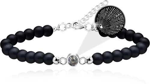 Vista 10 de Pulsera de proyección con texto en inglés "I Love You" en 100 idiomas para esposa, novia, ágata negra mate o piedra turquesa blanca para hombres