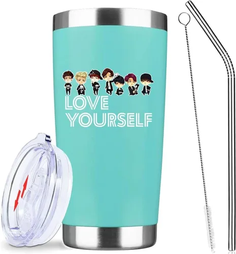 Vista 8 de Love Yourself Regalo inspirador para los fanáticos de la música, vaso de café helado de acero inoxidable aislado de 20 Oz con tapa, pajita