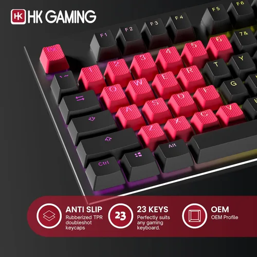 Vista 7 de HK GAMING Juego de teclas dobles retroiluminadas de goma Perfil OEM para teclado mecánico (23 teclas, rojo español)
