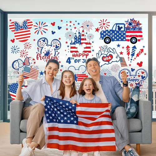 Vista 5 de Adhesivos para ventana del 4 de julio, 9 hojas de ratón con bandera americana adhesiva patriótica para ventana, decoraciones para el día